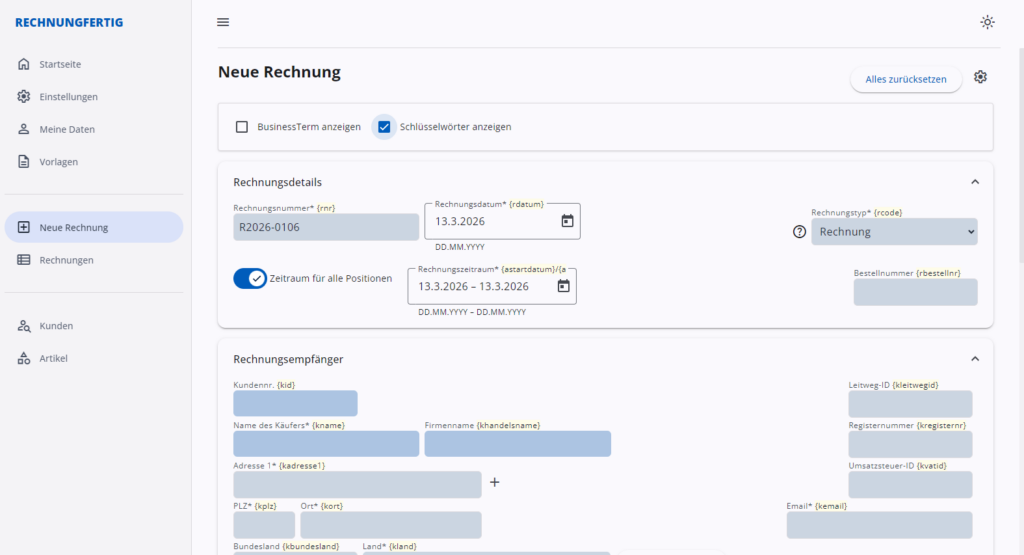Rechnungsprogramm mit aktivierten Keywords